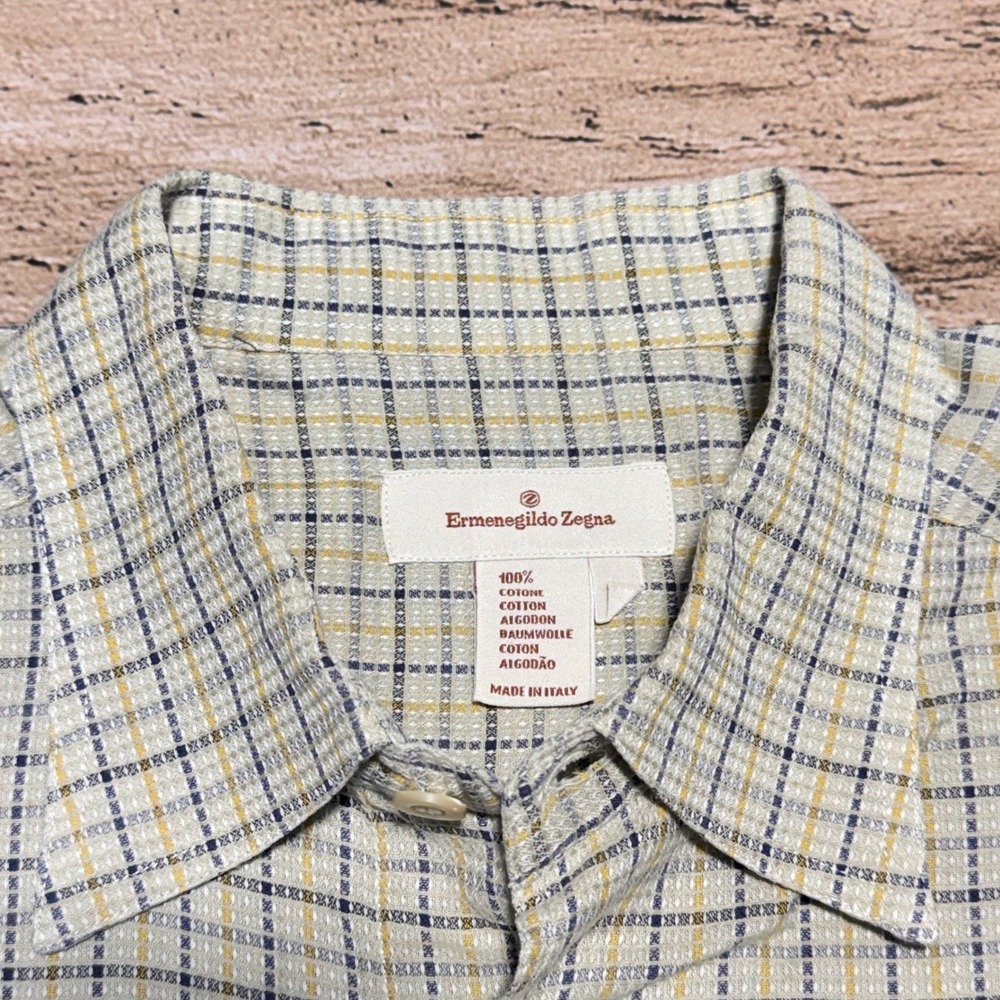 Ermenegildo Zegna Button Down Men Large Beige Plaid Cotton Italy Long Sleeve